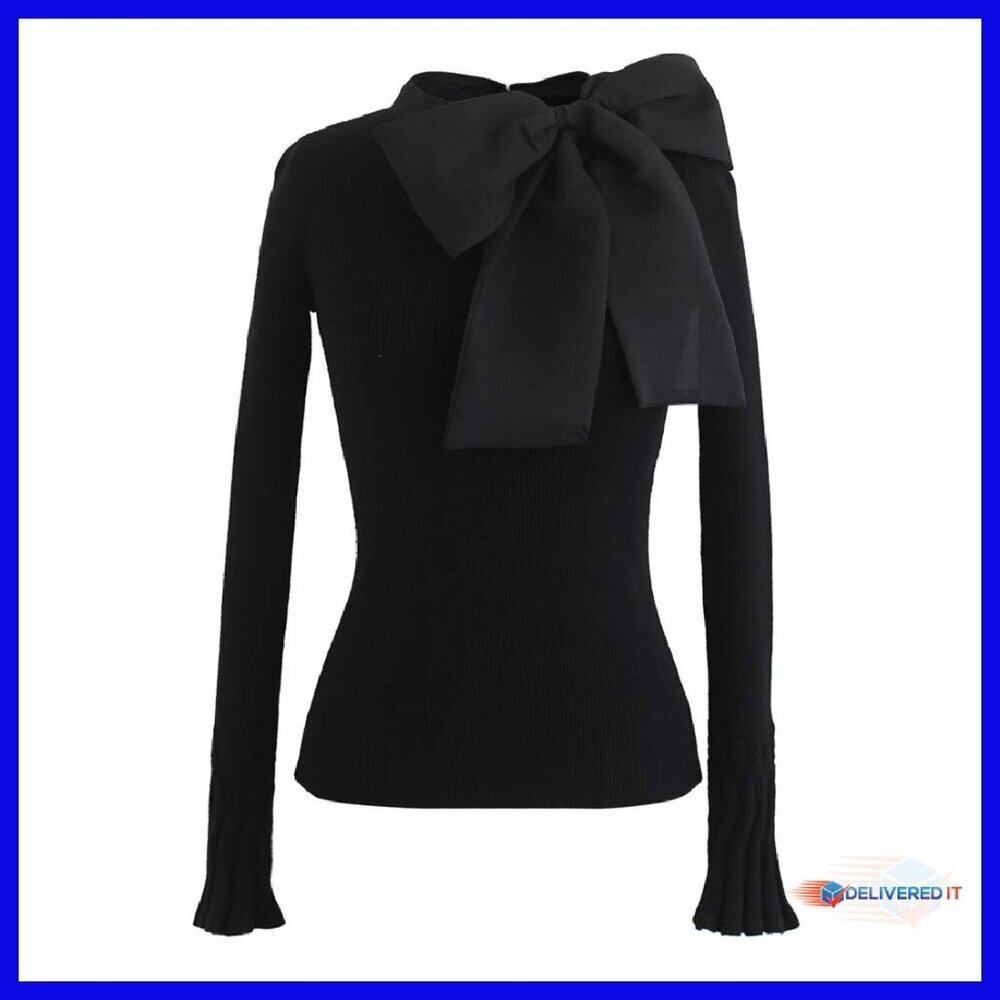Long Sleeve Knit Top with Bow Neck, Bell Sleeves, Slim Fit